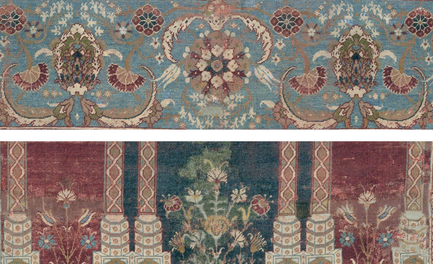 Top: Border detail (note the long curving saz style leaves, a pair of white tulips facing downward, and branches of small white hyacinth blossoms); bottom: Floral style detail showing carnations and tulips. Prayer Carpet (Ottoman), 1575–90, likely Istanbul, silk (warp and weft), wool (pile), cotton (pile), 172.7 x 127 cm (The Metropolitan Museum of Art; photo: Steven Zucker, CC BY-NC-SA 2.0)