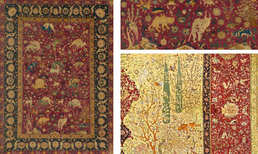 Left: Carpet (Safavid); right top: detail of animals fighting. Carpet (Safavid), 16th century, Iran, probably Kashan (depicts animals, some invented and of Chinese origin), silk, 240.9 x 177.8 cm (The Metropolitan Museum of Art); right bottom: detail, Safavid court carpet with animals and hunting scenes (Musée des arts décoratifs, Paris)