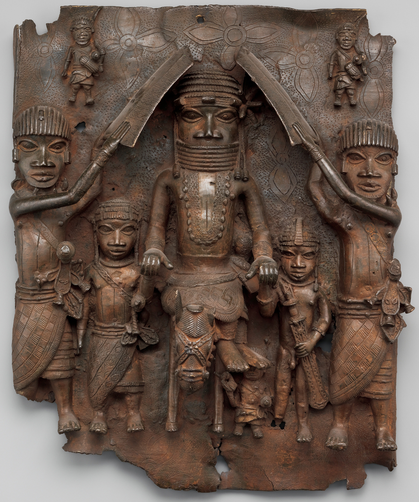 Plaque: Equestrian Oba and Attendants, 1550–1680 (Court of Benin, Edo peoples, Nigeria), brass, 49.5 x 41.9 x 11.4 cm (The Metropolitan Museum of Art, New York)