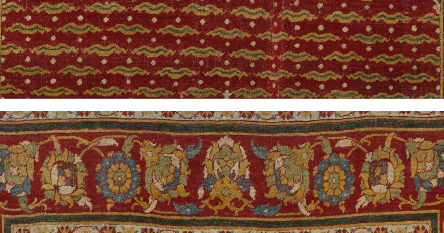 Top: detail of Chinintamani motif; bottom: detail of border. Carpet (Ottoman), c. 1550, Cairo, Egypt, wool, 200.7 x 121.9 cm (The Metropolitan Museum of Art)