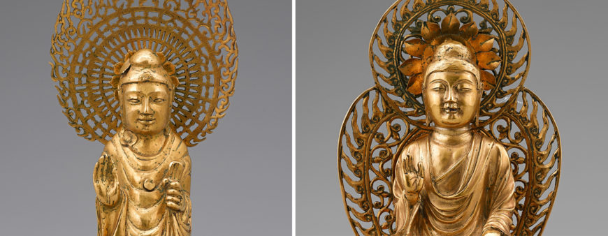 Left: detail of gold Buddha from stone pagoda in Guhwang-dong, Gyeongju, c. 692 (Unified Silla Kingdom), 14 cm high, National Treasure 80 (National Museum of Korea); right: detail of gold Amitabha Buddha from stone pagoda in Guhwang-dong, Gyeongju, c. 706 (Unified Silla Kingdom), 12 cm high, National Treasure 79 (National Museum of Korea)