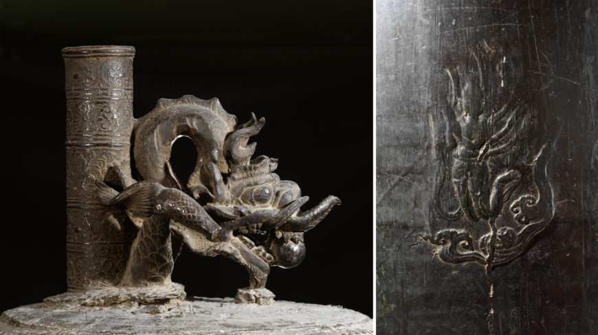Left: detail of dragon-shaped handle on bell; right: detail of flying apsara (female spirit) on bell. Bronze bell with inscription “Cheonheungsa,” 1010 (Goryeo Dynasty), 187 cm high, National Treasure 280 (National Museum of Korea)