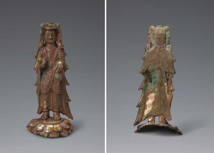 Front and back of gilt-bronze bodhisattva, mid-6th century (Baekje Kingdom), 11.2 cm high, Treasure 330 (National Museum of Korea)