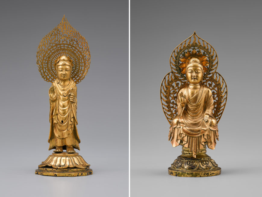 Left: gold Buddha from stone pagoda in Guhwang-dong, Gyeongju, c. 692 (Unified Silla Kingdom), 14 cm high, National Treasure 80 (National Museum of Korea); right: gold Amitabha Buddha from stone pagoda in Guhwang-dong, Gyeongju, c. 706 (Unified Silla Kingdom), 12 cm high, National Treasure 79 (National Museum of Korea)