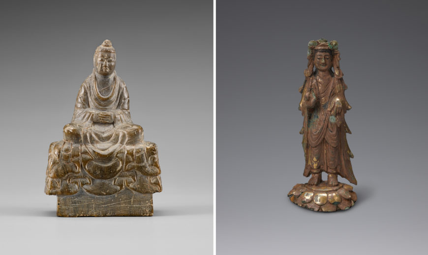 Left: stone Buddha, mid-6th century (Baekje Kingdom), 13.5 cm high, Treasure 329 (National Museum of Korea); right: gilt-bronze bodhisattva, mid-6th century (Baekje Kingdom), 11.2 cm high, Treasure 330 (National Museum of Korea)