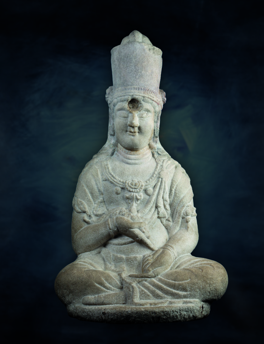 Seated bodhisattva from the site of Hansongsa Temple, Gangneung, 10th century (Goryeo Dynasty), white marble, 92.4 cm high, National Treasure 124 (Chuncheon National Museum; photo: Cultural Heritage Administration of the Republic of Korea)