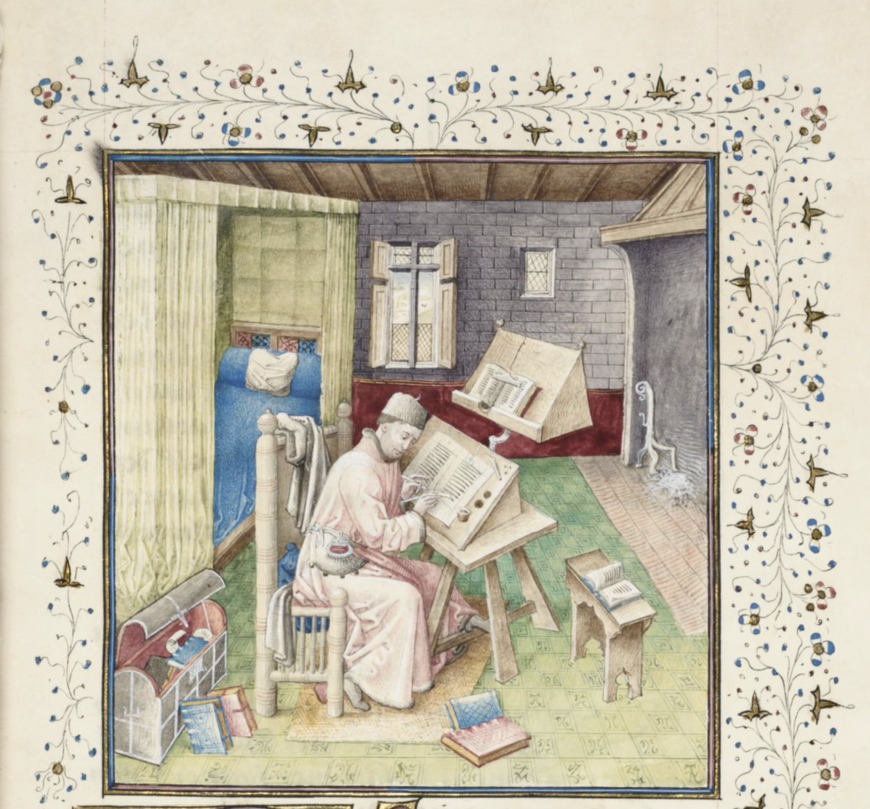 Jean Le Tavernier (illuminator), Jean Miélot in his study (detail), after 1450, Buonaccorso of Pistoia, Brussels, Bibliothèque Royale MS 9278-80, fol. 10r  (Bibliothèque royale de Belgique)