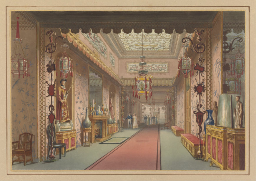 John Nash, "Chinese Gallery As It Was [Long Gallery]," Plate XV in Illustrations of Her Majesty's Palace at Brighton; formerly the Pavilion, J. B. Nichols and Son, London, published 1838, etching and aquatint, brush, and watercolor, letterpress on white wove paper mounted on heavy tan board, ruled lines in color and gold paint (Cooper Hewitt, Smithsonian Design Museum, New York)