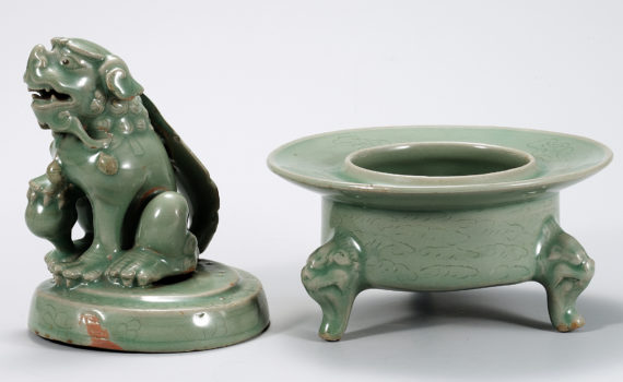 Celadon incense burner with lion cover and celadon incense burner with open work geometric design