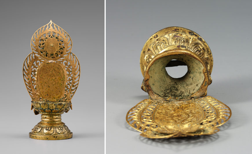 Details of pedestal, gold Amitabha Buddha from stone pagoda in Guhwang-dong, Gyeongju, c. 706 (Unified Silla Kingdom), 12 cm high, National Treasure 79 (National Museum of Korea)