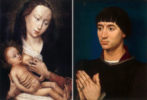 Jean Gros Diptych, attributed to Rogier van der Weyden (or workshop) (now dissassembled), 1450s, oil on oak wood, 36 x 54 cm (Left wing: Musée des Beaux-Arts. Tournai; right wing: Art Institute of Chicago)