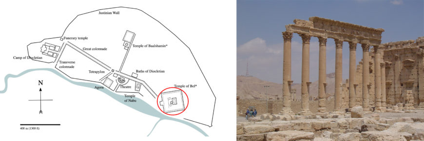 Left: Plan of the site of Palmyra (image: MLWatts, CC0 1.0); right: Columns in the inner court of the Temple of Bel in 2005 (photo: ian.plumb, CC BY 2.0)