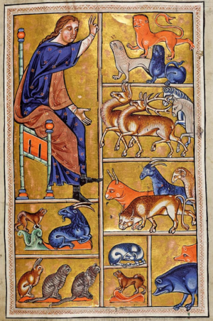 Adam names the animals from folio 5 recto of the Aberdeen Bestiary, written and illuminated in England around 1200 (University of Aberdeen, Scotland, MS 24, folio 5 recto)
