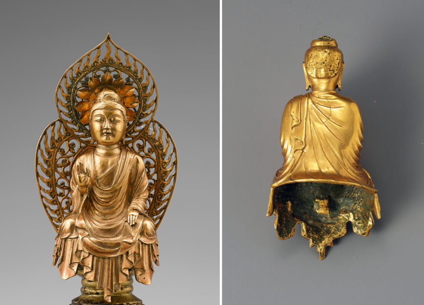 Front and back details of gold Amitabha Buddha from stone pagoda in Guhwang-dong, Gyeongju, c. 706 (Unified Silla Kingdom), 12 cm high, National Treasure 79 (National Museum of Korea)