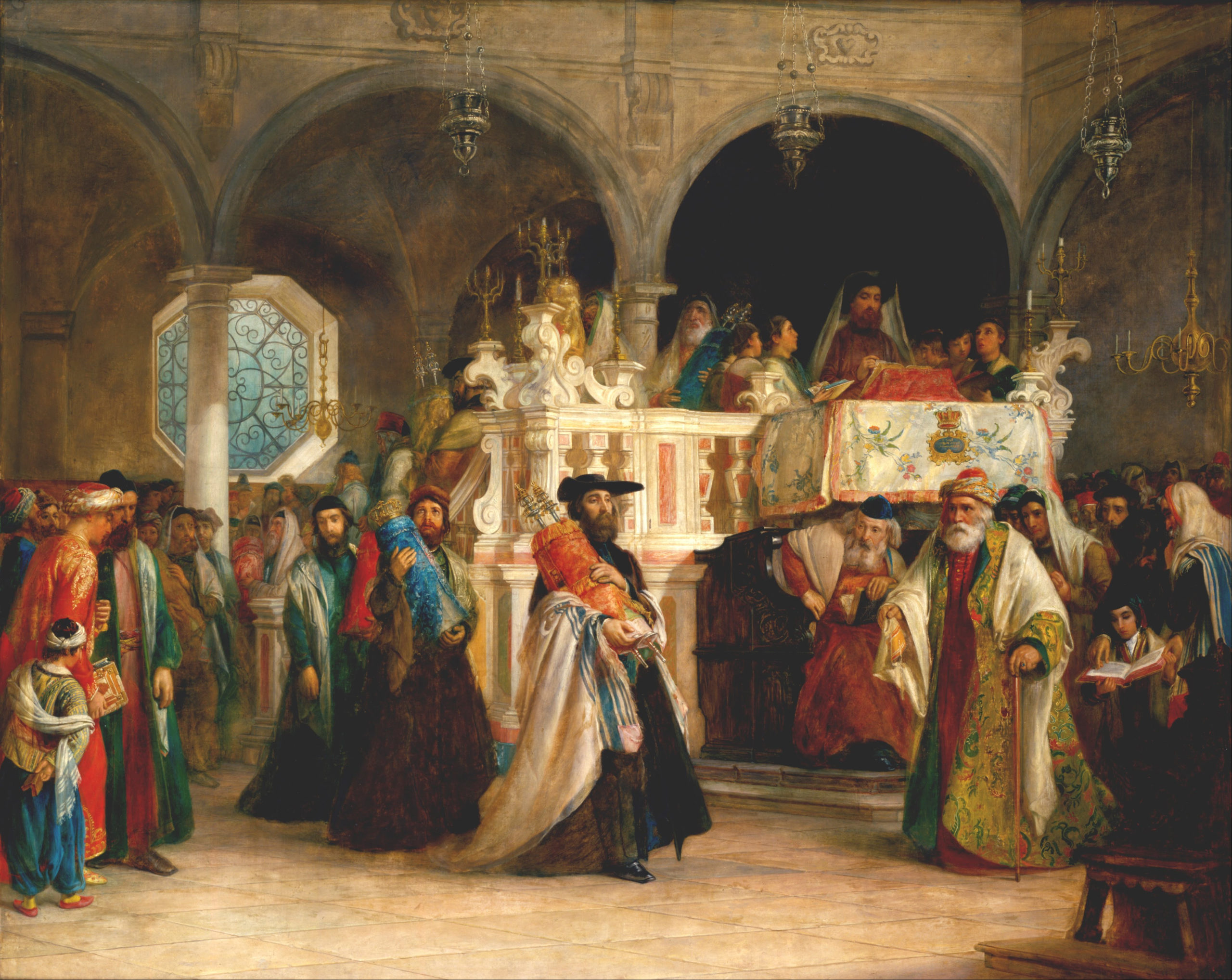 Procession of Torahs in The Feast of the Rejoicing of the Law at the Synagogue in Leghorn , Italy, Solomon Alexander Hart, 1850, oil on canvas, 141.3 x 174.6 cm (Jewish Museum)