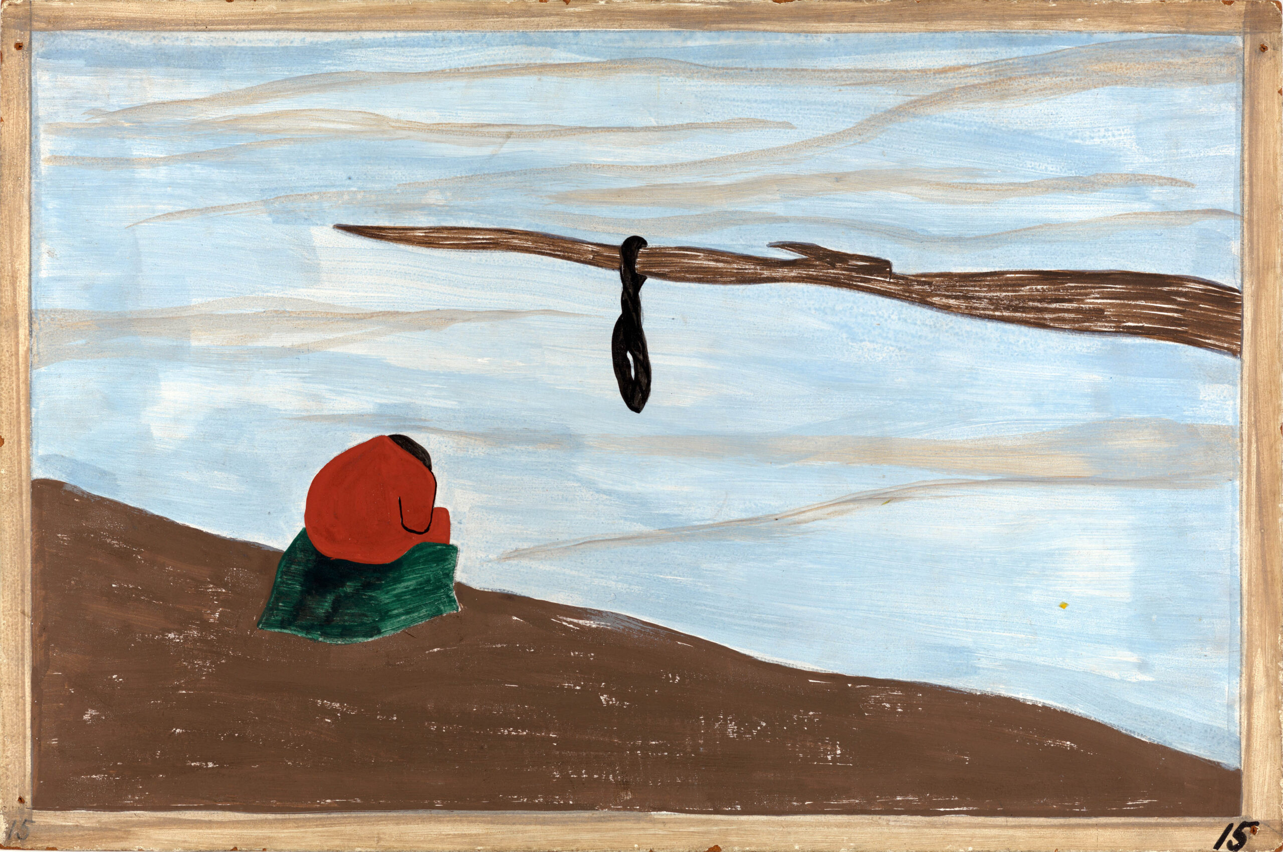 Jacob Lawrence, "There were lynchings," panel 15: The Migration Series, 1940–41, 60 panels, tempera on hardboard, 30.48 x 45.72 cm (Phillips Collection, Washington D.C.)
