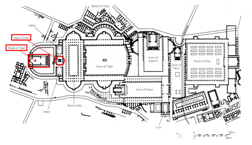 Plan of the Imperial fora showing a freestanding Temple of the Deified Trajan at the western end of the Forum of Trajan (photo: Samanthamalgieri, CC BY-SA 4.0)