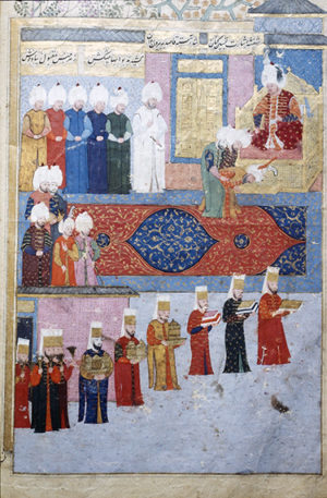 Ottoman miniature showing a Safavid dignitary before Ottoman sultan, Sultan Murad III, n.d. (Topkapi Museum, photo: Walter Denny)