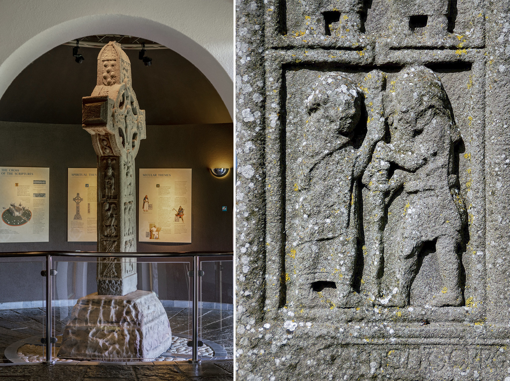 Left: Cross of the Scriptures, Clonmacnoise monastery, founded 544 by St Ciarán, County Offaly (photo: Steven Zucker, CC BY-NC-SA 2.0); right: detail of a East face base panel (inscription: "a prayer for Colman who erected this cross for King Flann"), original created in 9th C. (replica placed in the location of the original), Clonmacnoise (Cluain Mhic Nóis), Co. Offaly (photo: Keith Ewing, CC BY-NC 2.0)