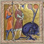 The beaver from folio 11 recto of the Aberdeen Bestiary, written and illuminated in England around 1200. The beaver shows off his testicles to escape the hunters. (University of Aberdeen, Scotland, MS 24, folio 11 recto)