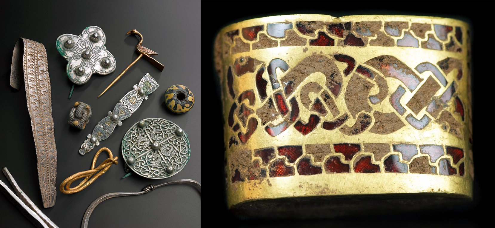 Left: Small selection of objects from the Viking-age Galloway Hoard, which includes more than 100 objects made in gold, silver, crystal, glass, stone, and earthen objects, discovered in the historical county of Kirkcudbrightshire in Dumfries and Galloway, Scotland in 2014 (National Museum of Scotland, CC BY-SA 4.0); right: Cuff from the Staffordshire Hoard, which includes more than 4,500 items a and metal fragments, found near the village of Hammerwich, near Lichfield, in Staffordshire, England in 2009 Birmingham Museum and Art Gallery, photo: Daniel Buxton, CC BY 2.0)