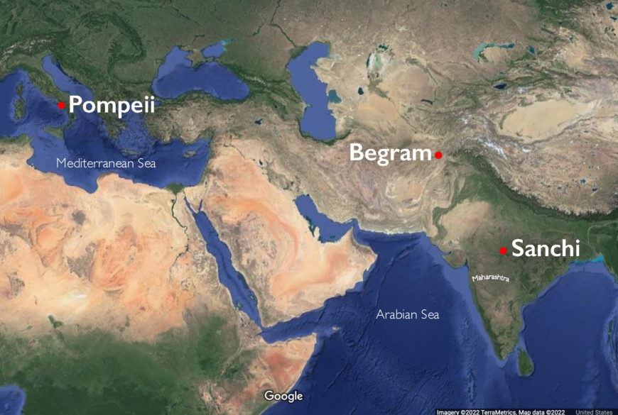 Map showing Pompeii, Begram, Sanchi (underlying map © Google)