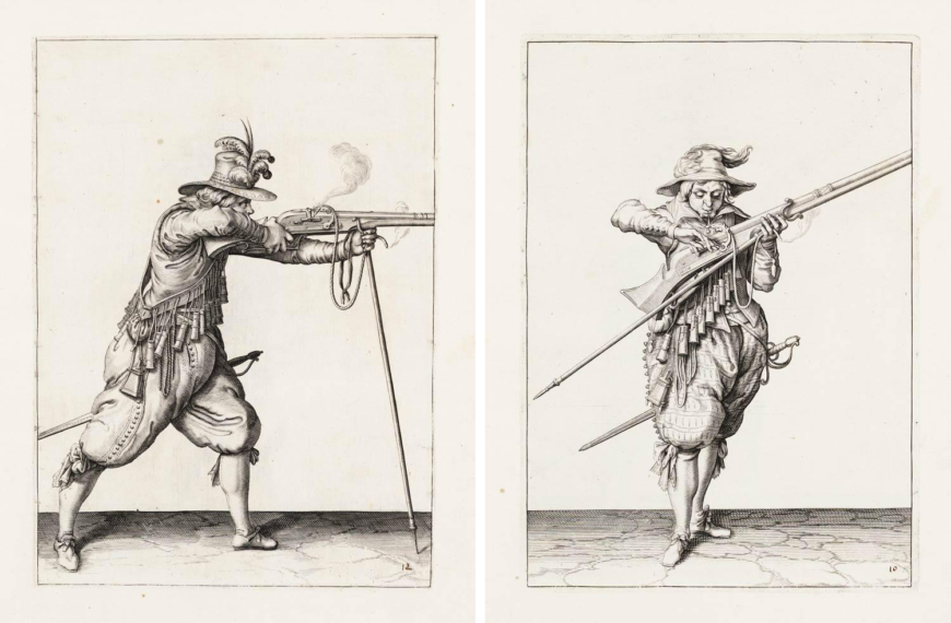 Jacob de Gheyn II, Wapenhandelinghe van Roers Musquetten ende Spiessen, left: Instructions for the use of the musket. Instruction 10: blow the fuse and open your 'pan'., right: Instructions for the use of the musket. Instruction 12: Fire., 1607