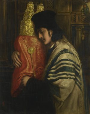 Torah dressed with Torah pointer (yad), crown, rimonim, and mantle, Carrying the scrolls of the Law, Simeon Solomon, 1871, oil on canvas, 77 x 61 cm (private collection)
