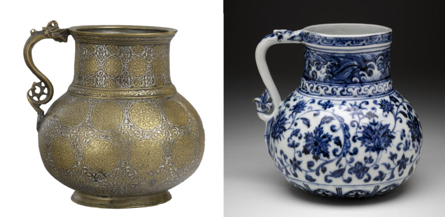 Left: Dragon-handled ewer with inscription, late 15th–first quarter 16th century (present-day Afghanistan, probably Herat), metal, 14.3 x 15.6 x 8.6 cm (The Metropolitan Museum of Art); right: Tankard with a dragon-shaped handle, 1403–24, Ming Dynasty, blue-and-white porcelain, 14 cm high (© Trustees of the British Museum)