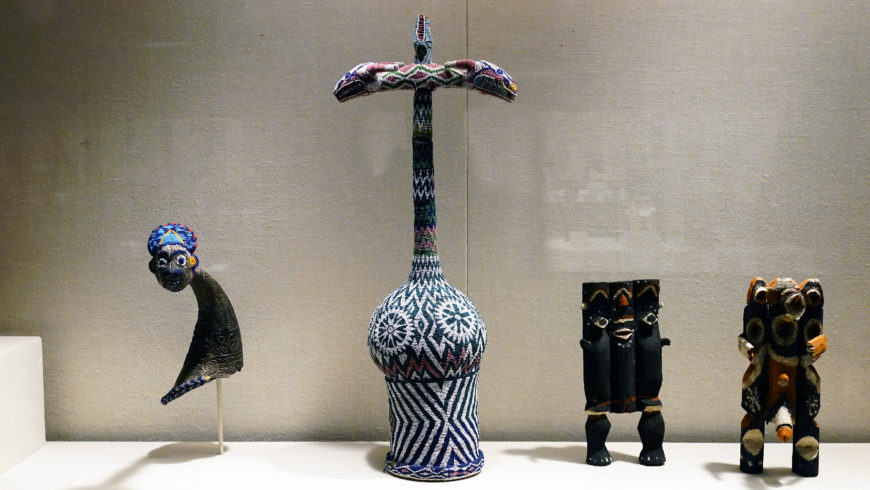 Ceremonial Palm Wine Vessel, 19th–20th century (Grassfields region, Cameroon), gourd, glass beads, cloth, cane, wood, 76.2 x 30.8 x 19.7 cm (The Metropolitan Museum of Art, New York; photo: Steven Zucker, CC BY-NC-SA 2.0)