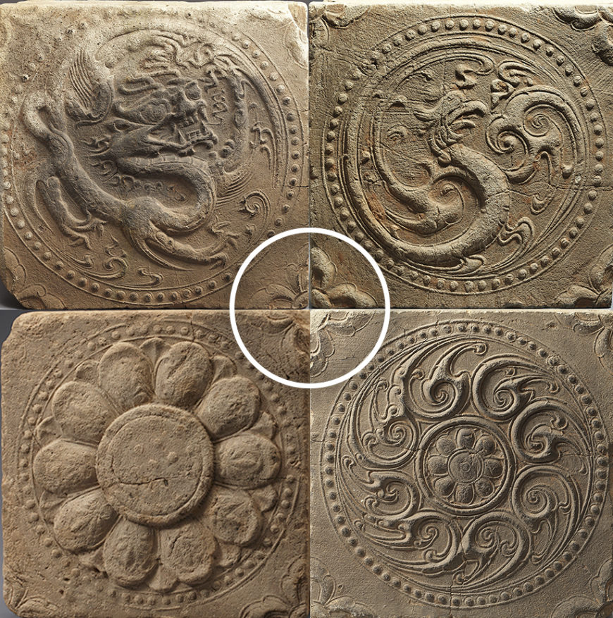 Group B tiles with images of a dragon, phoenix, lotus flower, and lotus clouds. When placed together, the partial motifs in the four corners align to form a flower in the center. Earthenware patterned tiles from Oe-ri, Buyeo, Baekje Kingdom, clay, approximately 29 x 29 x 4 cm each, Treasure 343 (National Museum of Korea)