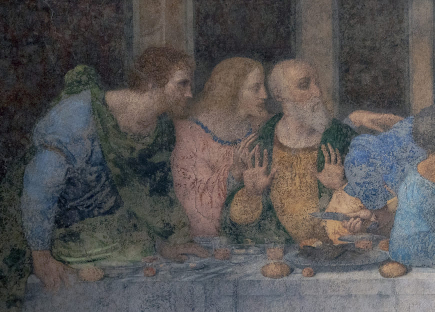 Bartholomew, James Minor, and Andrew (detail), Leonardo da Vinci, Last Supper, oil, tempera, fresco, 1495–98 (Santa Maria delle Grazie, Milan; photo: Steven Zucker, CC BY-NC-SA 2.0)
