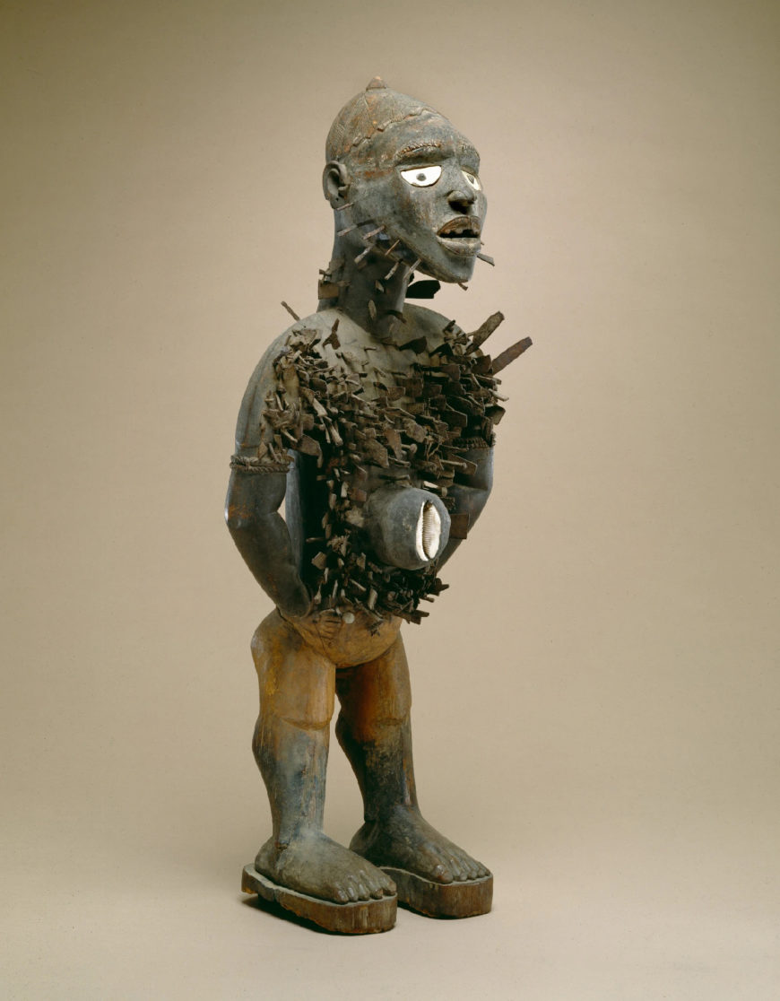 Power figure (nkisi nkondi), Kongo peoples, c. late 19th century, wood and metal, 115.6 x 47 x 38.1 cm, Democratic Republic of the Congo (Detroit Institute of Arts)