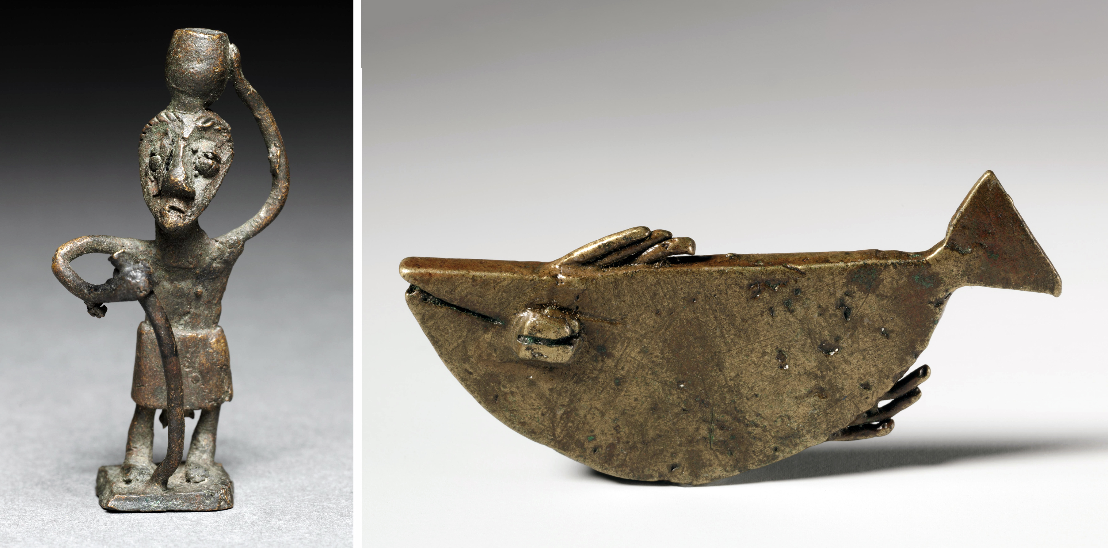 Asante brass weights. Left: Weight in the shape of a figure, 1950–60 (Asante, Ghana), brass, 6.8 cm high (Cleveland Museum of Art); right: Weight in the shape of a fish, 1800s (Asante, Ghana), brass, 2.8 x 6.6 x 0.4 cm (Cleveland Museum of Art)