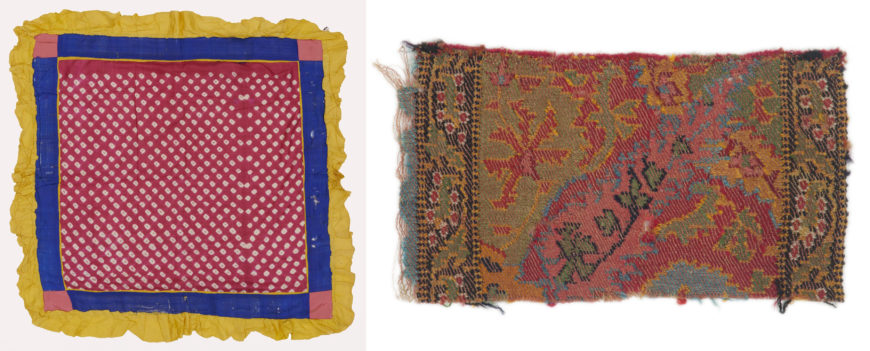 Left: Bandhani Chakla, early–mid-20th century (Gujarat/Rajasthan, India), silk, cotton, 74 x 71 cm (Museum of Art and Photography, Bengaluru); right: Kashmir shawl fragment, 19th century, wool, 6.3 x 11 cm (Museum of Art and Photography, Bengaluru)