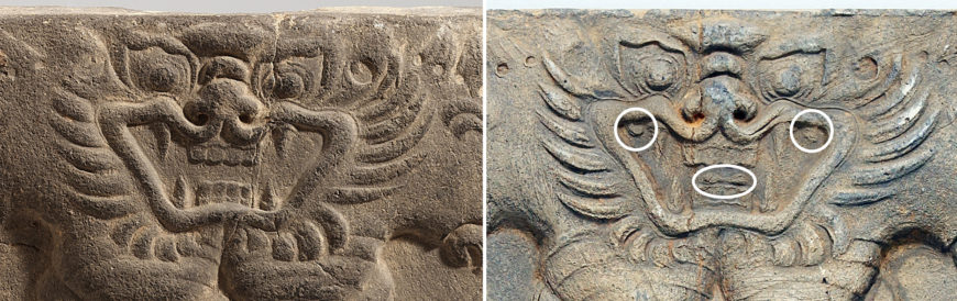 Details comparing the mouths of the beasts (left: lotus-type beast; right: rock-type beast). The beast in the “rock-type” design has extra teeth and a tongue that are not present in the beast from the “lotus-type” design. Earthenware patterned tiles from Oe-ri, Buyeo, Baekje Kingdom, clay, approximately 29 x 29 x 4 cm each, Treasure 343 (National Museum of Korea)