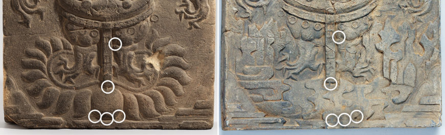 Details showing marks from the mold on the two tiles with beast designs (left: lotus-type beast; right: rock-type beast). Earthenware patterned tiles from Oe-ri, Buyeo, Baekje Kingdom, clay, approximately 29 x 29 x 4 cm each, Treasure 343 (National Museum of Korea) 