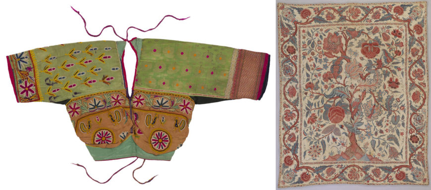 Left: embroidered blouse with brocade sleeve, 20th century, cotton, silk, gilt metal, synthetic fibers, 32 cm long, Gujarat, India (Museum of Art and Photography, Bengaluru); right: chintz bedspread with a tree motif, c. 1700–25, cotton, 217 x 176 cm, Coromandel Coast (Rijksmuseum, Amsterdam)