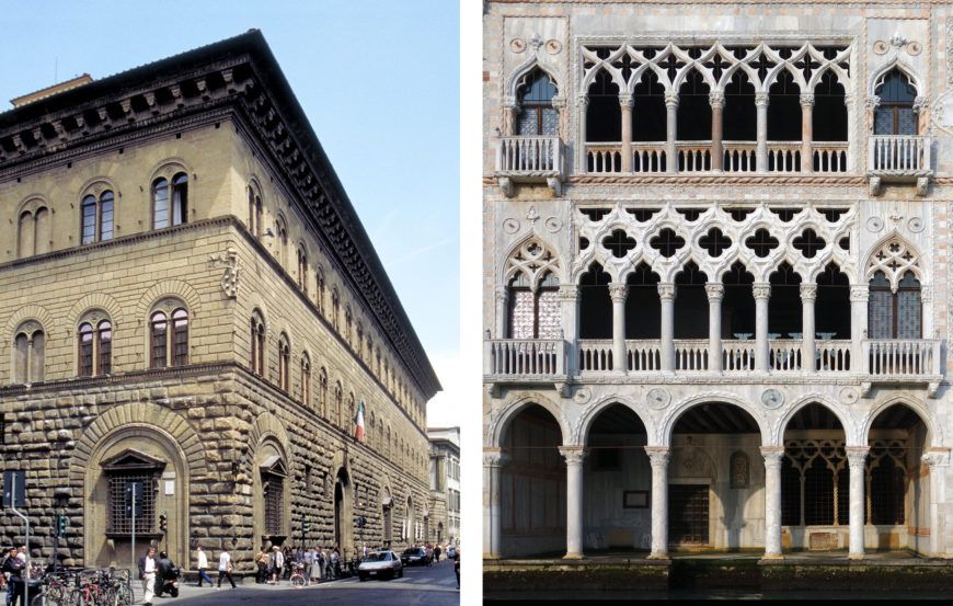 Left: Michelozzo, Palazzo Medici, Florence, 1445–60 (photo: MCAD Library, CC BY 2.0); right: Lower loggia, middle and upper balconies, Ca' d'Oro, 1422–40, Venice (photo: Steven Zucker, CC BY-NC-SA 2.0)