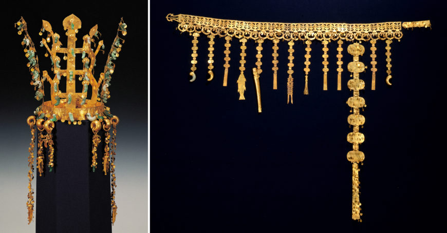 Left: queen's gold crown with dangling pendants, from the north mound of Hwangnamdaechong Tomb, Gyeongju, Silla Kingdom, 27.3 cm high, National Treasure 191 (National Museum of Korea; photo: Cultural Heritage Administration of the Republic of Korea); right: queen's gold belt, from the north mound of Hwangnamdaechong Tomb, Gyeongju, Silla Kingdom, 120 cm long, National Treasure 192 (National Museum of Korea; photo: Cultural Heritage Administration of the Republic of Korea)