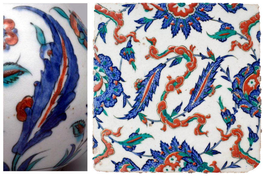 Left: Saz leaf (detail), Iznik ewer, 2nd half of the 16th century (Ottoman), fritware, painted in black, cobalt blue, green, red under transparent glaze, 45.4 x 39.4 cm (Brooklyn Museum); right: Tile with floral and cloud-band design, c. 1578 (Ottoman, Iznik), stonepaste; polychrome painted under transparent glaze 24.9 x 25.1 x 1.7 cm (The Metropolitan Museum of Art)