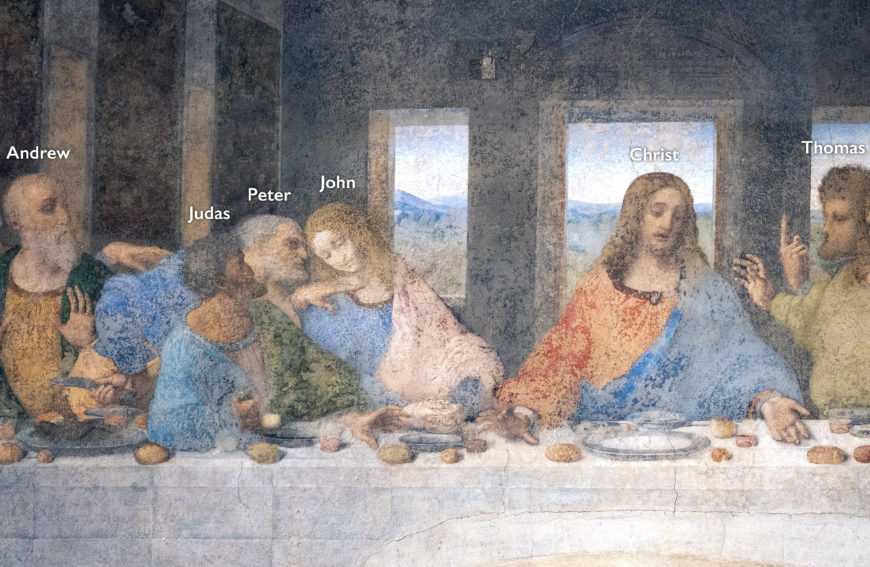 Detail, Leonardo da Vinci, Last Supper, oil, tempera, fresco, 1495–98 (Santa Maria delle Grazie, Milan; photo: Steven Zucker, CC BY-NC-SA 2.0)