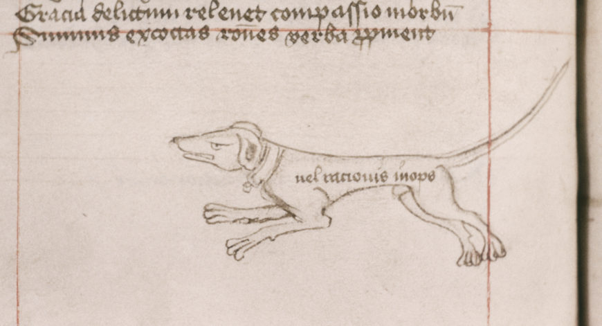 A dog decorating a catchword at the bottom of a medieval page, c. 1400, England (Bodleian Library, University of Oxford, MS Canon. Misc. 110, fol. 17v)