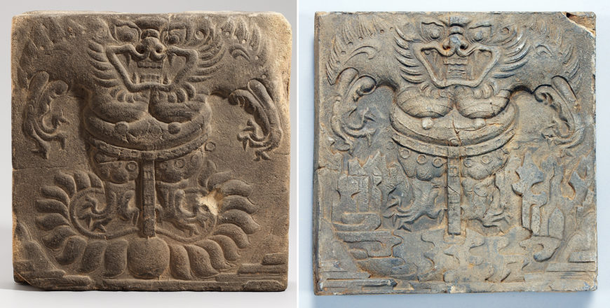 Pair of tiles from Group A depicting beast designs (left: lotus-type beast; right: rock-type beast). When the tiles are placed side-by-side, the partial motifs in the lower corner align to form a mountain. Earthenware patterned tiles from Oe-ri, Buyeo, Baekje Kingdom, clay, approximately 29 x 29 x 4 cm each, Treasure 343 (National Museum of Korea)