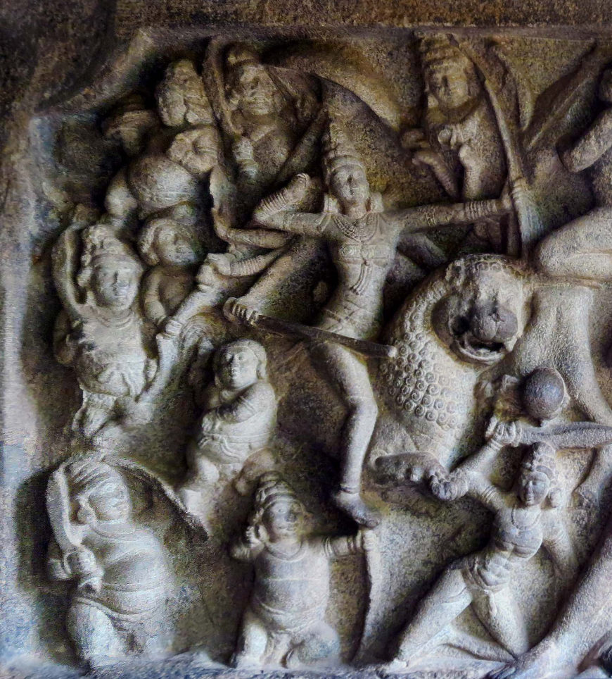 Durga slays the Buffalo Demon Mahishasura, from the north side of Mahishasuramardini Mandapa, Mamallapuram, Tamil Nadu, India, c. 7th century, granite, approximately 2.4 x 4.6 m (photo: © Arathi Menon, all rights reserved)