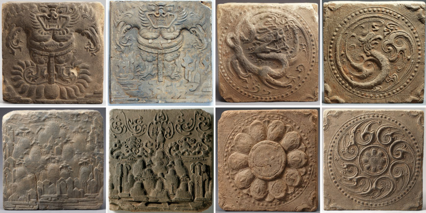 Earthenware patterned tiles from Oe-ri, Buyeo, Baekje Kingdom, clay, approximately 29 x 29 x 4 cm each, Treasure 343 (National Museum of Korea)