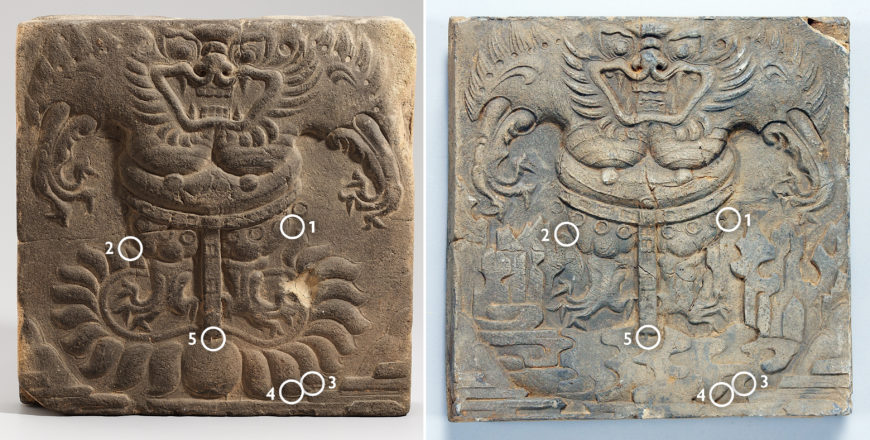 Traces of the lotus-type base found on the rock-type base (left: lotus-type beast; right: rock-type beast). These traces seem to confirm that the “lotus-type” tile was produced before the “rock-type” tile. Pair of tiles from Group A depicting beast designs. When the tiles are placed side-by-side, the partial motifs in the lower corner align to form a mountain. Earthenware patterned tiles from Oe-ri, Buyeo, Baekje Kingdom, clay, approximately 29 x 29 x 4 cm each, Treasure 343 (National Museum of Korea)
