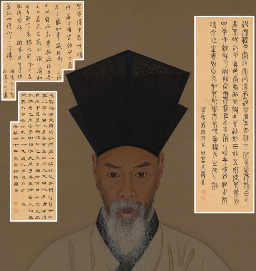 Annotated detail highlighting the three inscriptions on Portrait of Yi Chae, 1802 (Joseon Dynasty), ink and colors on silk, 98.4 x 56.3 cm, Treasure 1483 (National Museum of Korea)