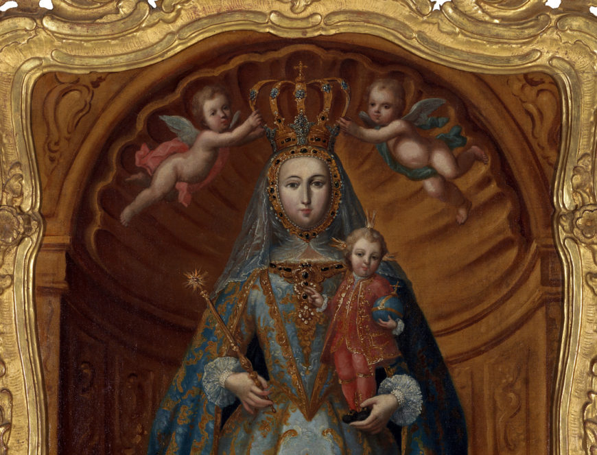 Juan Pedro López, Our Lady of Guidance, c. 1765–70, oil on canvas, Caracas, Venezuela, 41.325 x 26.5 inches, with original frame by Domingo Gutiérrez (Collection of the Carl & Marilynn Thoma Foundation)