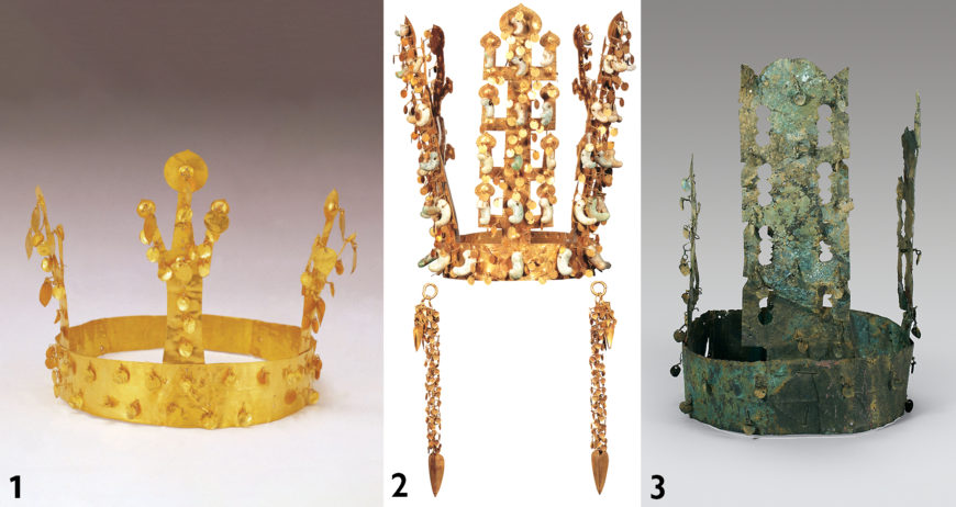 Examples of the three stages of Silla crowns (from left to right): 1. “Prototype” gold headband crown, Silla, 12.8 cm high, Gyo-dong, Gyeongju (Gyeongju National Museum); 2. “Standard” gold headband crown, Silla, 32.5 cm high, Cheonmachong Tomb, National Treasure 188 (Gyeongju National Museum); 3. “Regression” copper headband crown, Silla, 26.9 cm high, Ha-ri, Danyang (Cheongju National Museum)